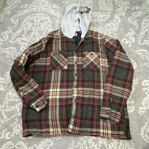 Wrangler Shirt Jacket Mens XL Hooded Quilted Lined Plaid Green Red